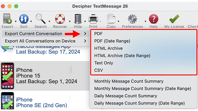 Save and export text messages to computer as a PDF, CSV, HMTL, or TXT file using Decipher TextMessage software.