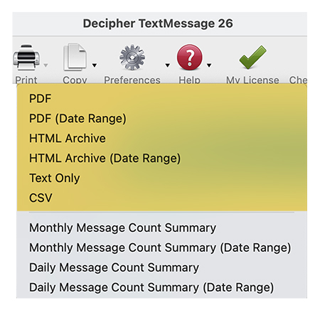 Decipher TextMessage exports and saves text messages as PDF, CSV, HTML, and TXT.