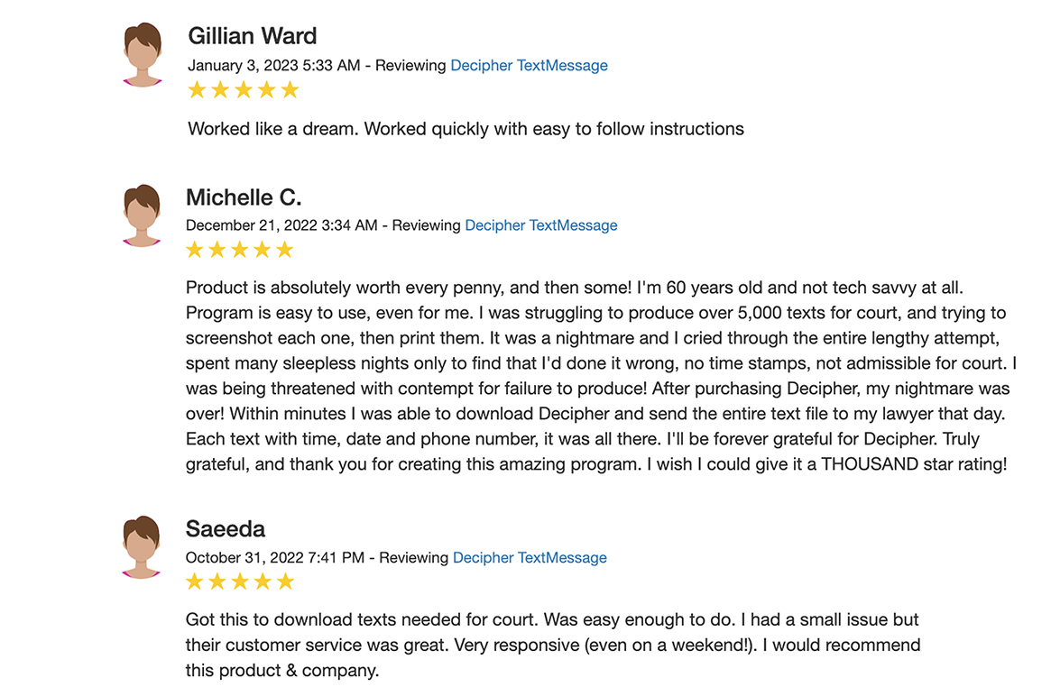 Product testimonials for how to save iPhone texts to PDF.