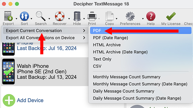 Select Export to save text messages from iPhone to a Windows or Mac computer. 
