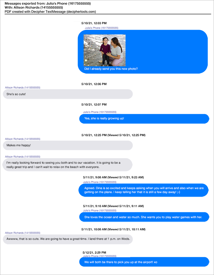 Preserve and print iPhone text messages as a PDF example document.
