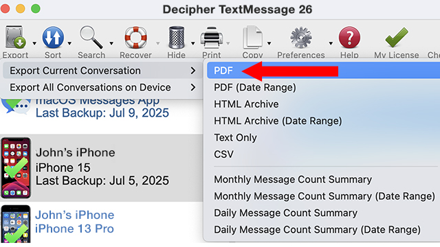 Select export in Decipher TextMessage to save text messages for court 