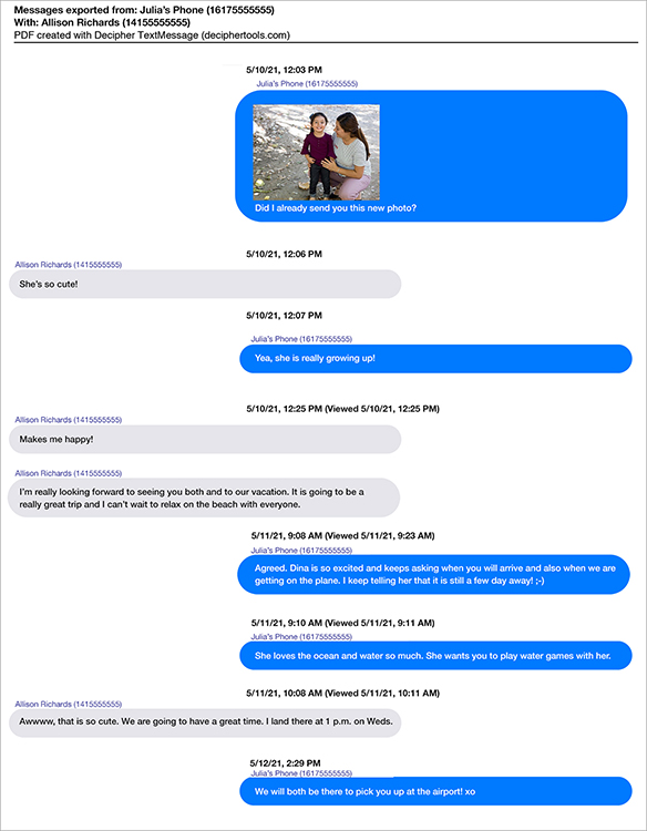 Decipher TextMessage example of how to print text messages for court in PDF format.