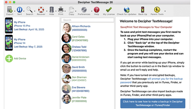 Select an iPhone in Decipher TextMessage 