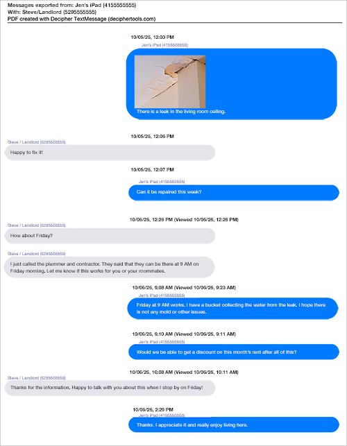 Sample document of iPhone text messages extracted to PDF.