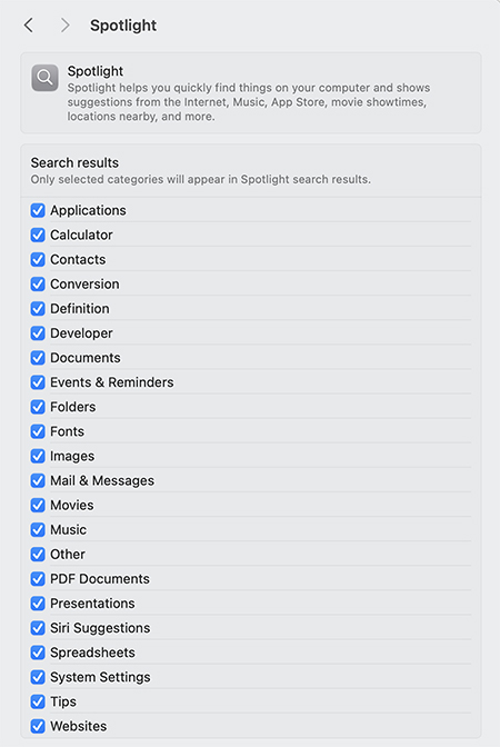 How to make sure Spotlight is searching all files on Mac.