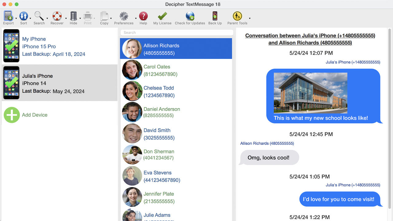 Import iPhone text messages with meta data into third-party software program.