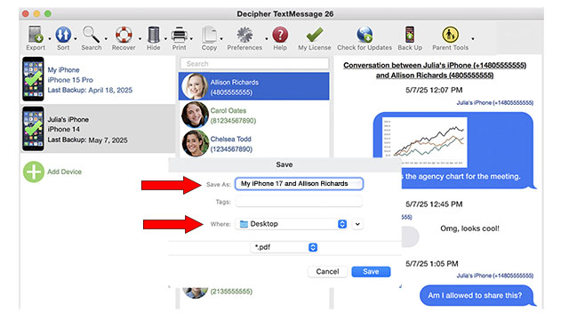 How to choose the folder or directory on my Mac computer when saving iPhone text messages