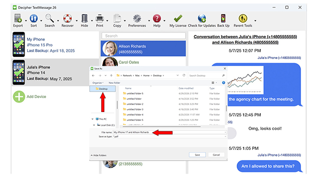 How to choose the folder or directory on my Windows computer when saving iPhone text messages. 