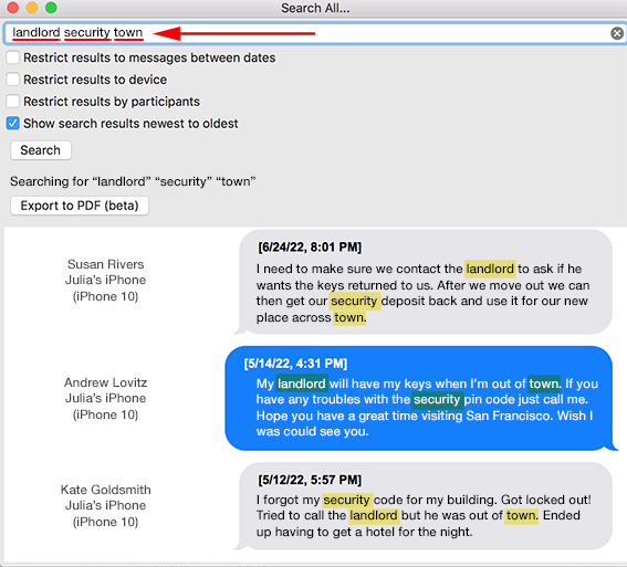 Search iPhone text messages for printing.